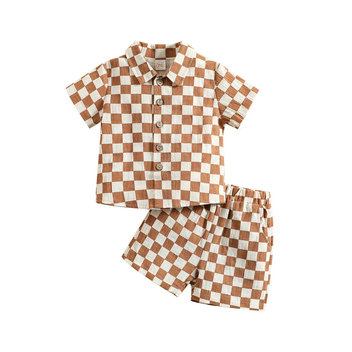 Children's brown and white checkered short sleeve shirt and shorts set with buttons