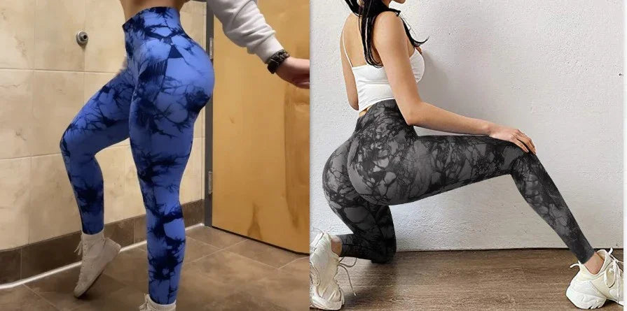 Side-by-side images of women wearing high-waisted tie-dye leggings in blue and black, posing indoors with athletic sneakers.