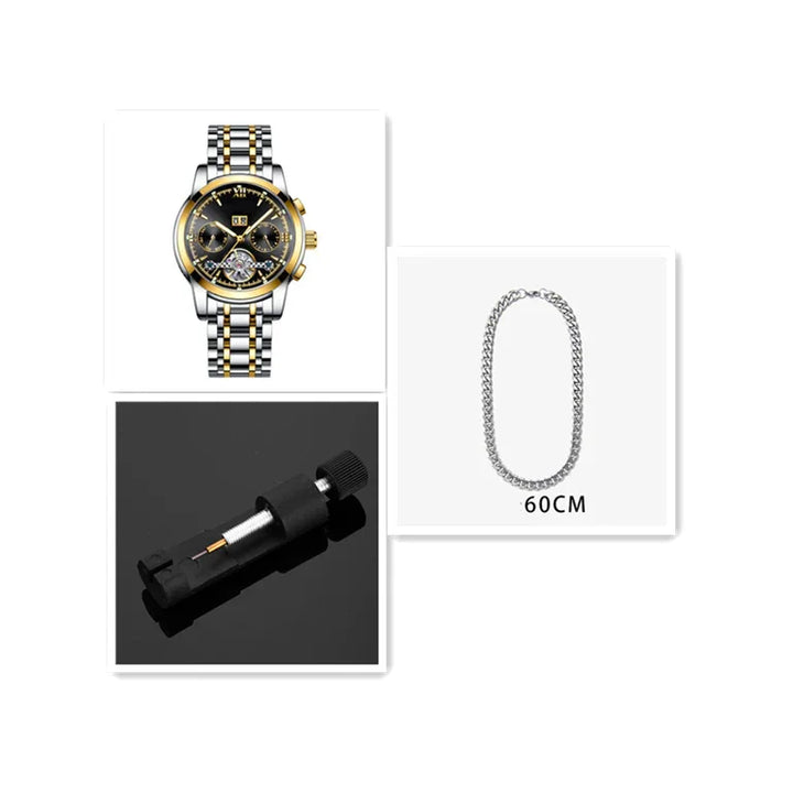 Luxury two-tone men’s wristwatch with black dial, silver and gold chain necklace 60cm, and black tool on black background