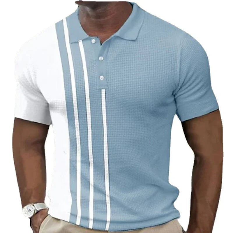 Men's casual short sleeve polo shirt in blue and white with vertical stripes and button collar