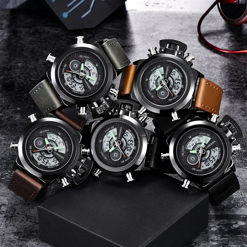 Five black dial CURDDEN men's wristwatches with leather and silicone straps on a dark textured surface