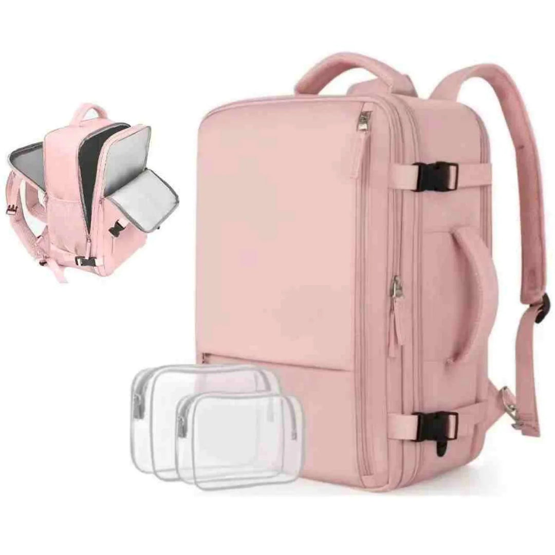 Pink slim backpack with multiple compartments, including laptop section and clear travel pouches