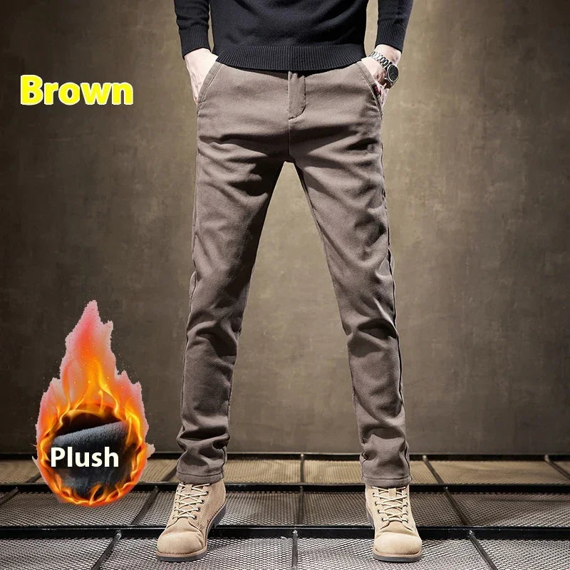 Men's brown plush warm pants styled with beige boots and black sweater in studio
