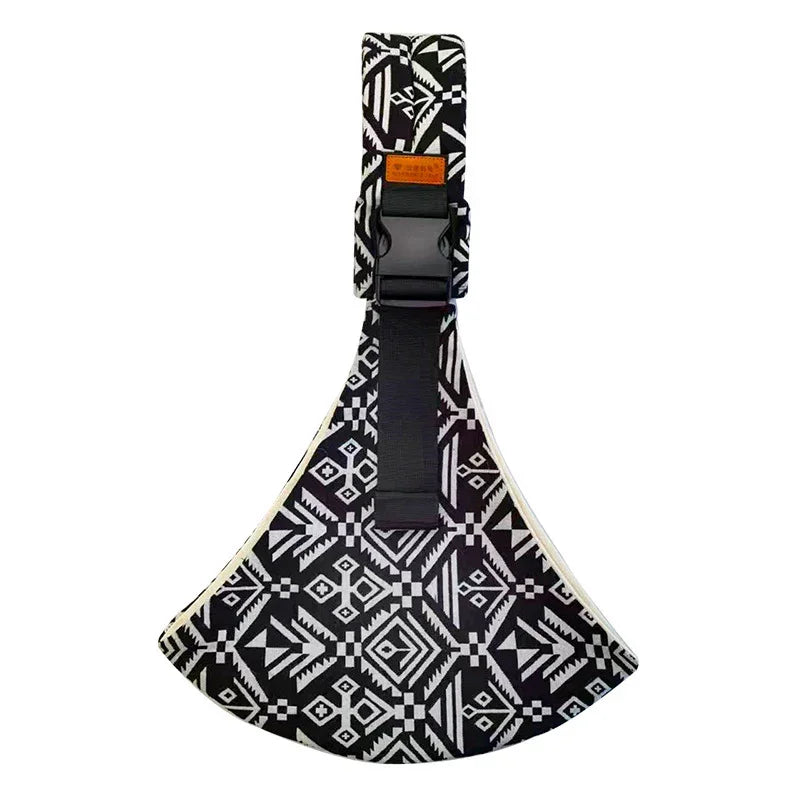 Black and white geometric patterned fabric guitar strap with adjustable black buckle