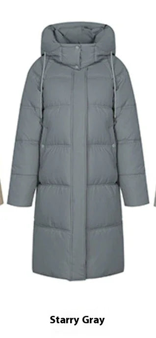 Starry Gray long padded winter coat with hood and front zipper closure