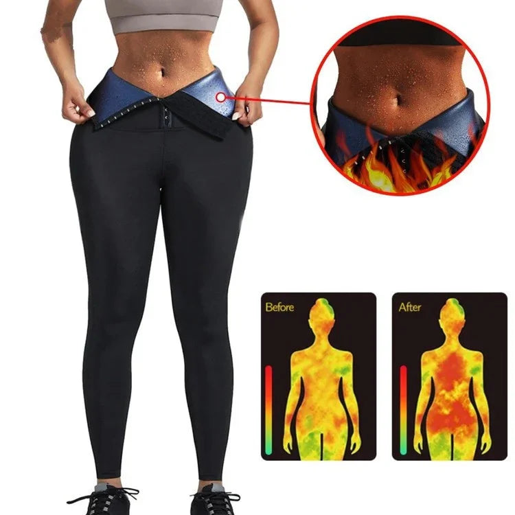 Woman wearing black slimming sauna pants with thermal waist detail and before-after heat map comparison