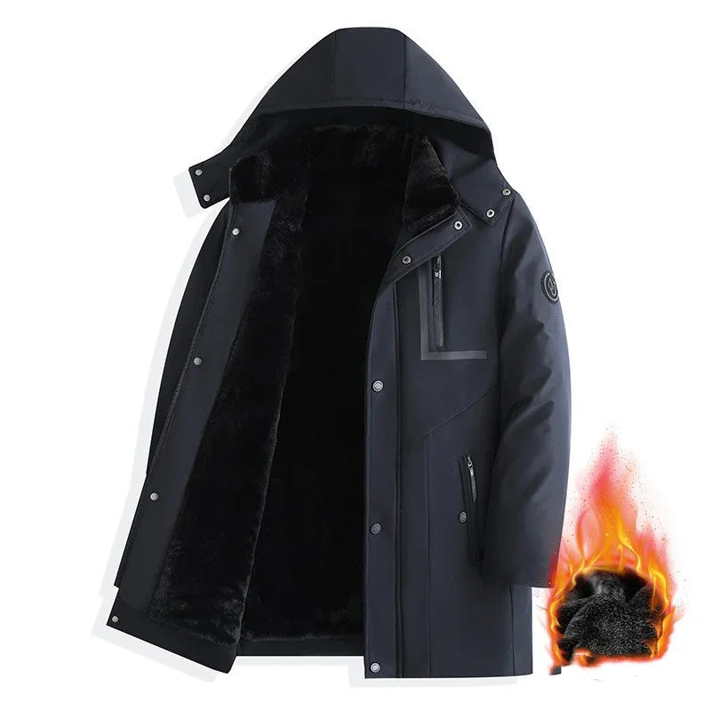 black winter coat with fur lining and hood, insulated for warmth, displayed open with flame graphic