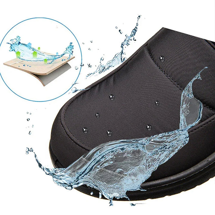 Black waterproof shoe with water splashing and droplets showcasing water resistance technology
