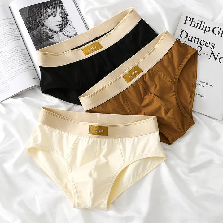 Set of three cotton men's briefs in black, brown, and cream colors displayed on white fabric with magazines
