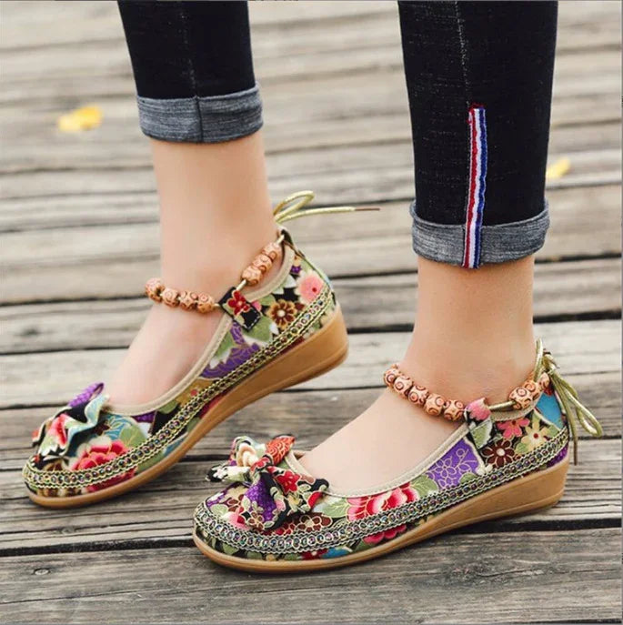 Colorful floral embroidered women’s casual shoes with wooden bead anklets and bow detail