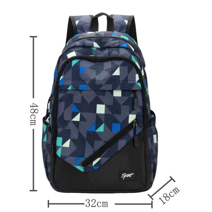 Blue geometric patterned sport backpack with multiple zippered compartments and black base, measuring 48x32x18 cm