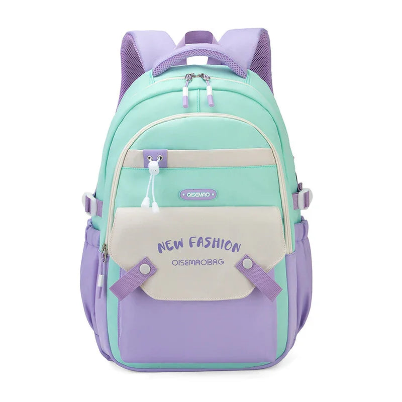 Mint green and purple backpack with front pocket labeled New Fashion OisemaoBag, padded straps