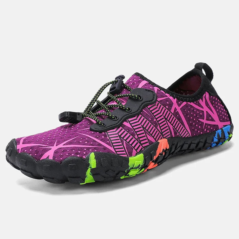 Purple water shoe with black sole, neon accents, and elastic laces for outdoor sports