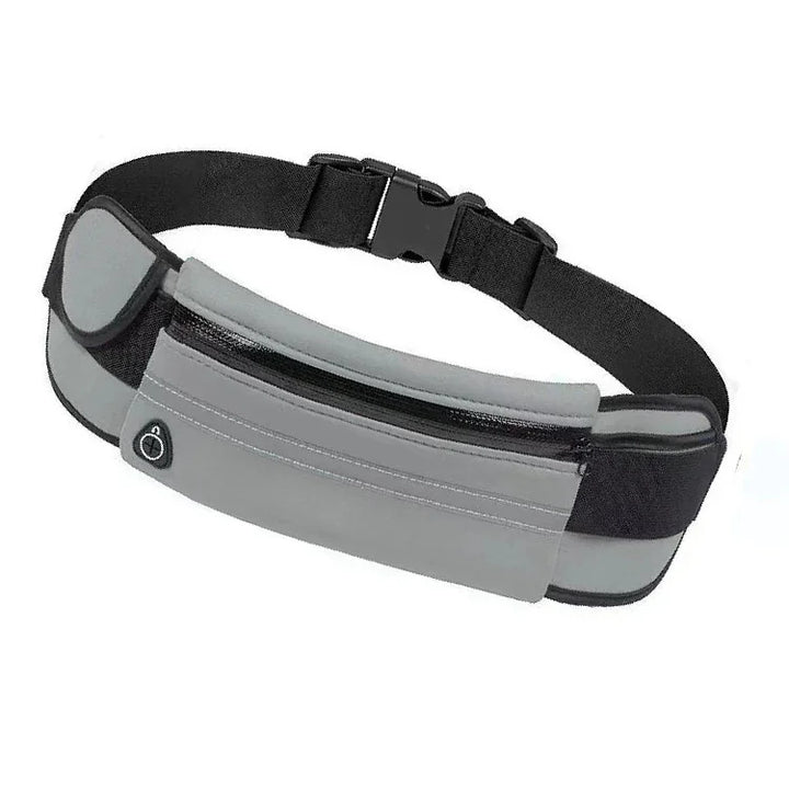 Gray and black adjustable running belt with zippered pouch and headphone port