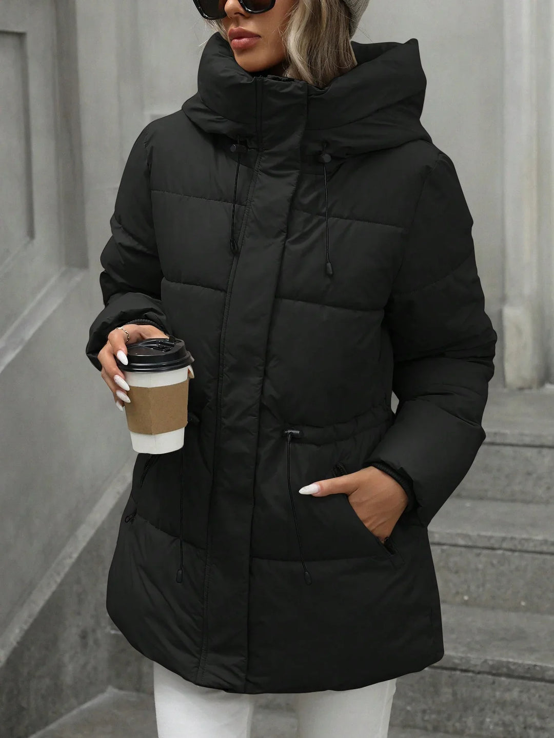 Woman wearing black puffer jacket with large hood holding coffee cup outdoors