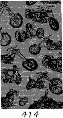 Black and gray seamless pattern of vintage chopper motorcycles with cursive script background