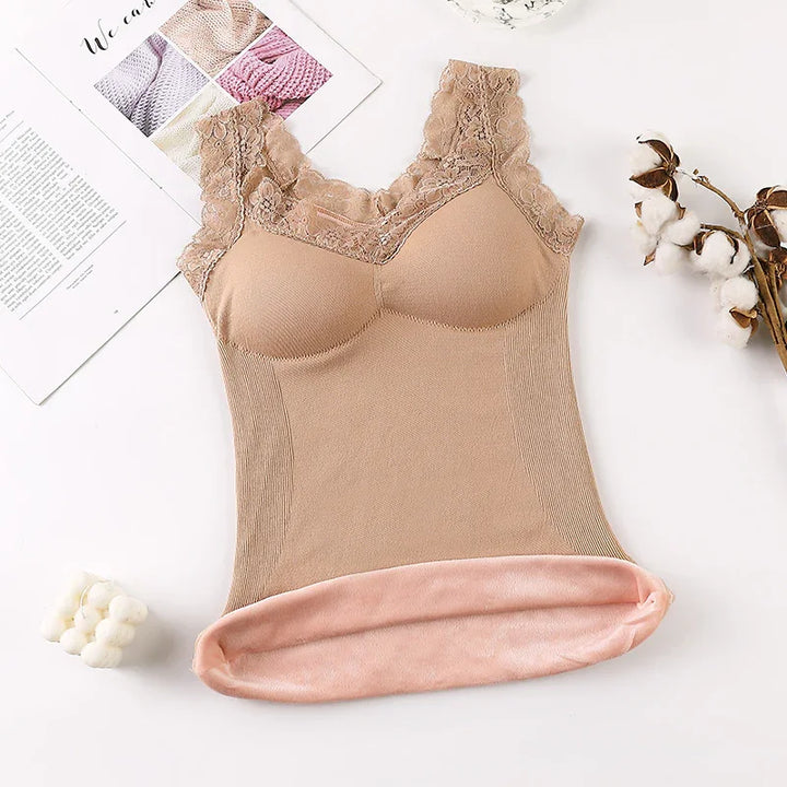 Beige lace-trimmed thermal camisole with padded cups and soft pink fleece lining on white background