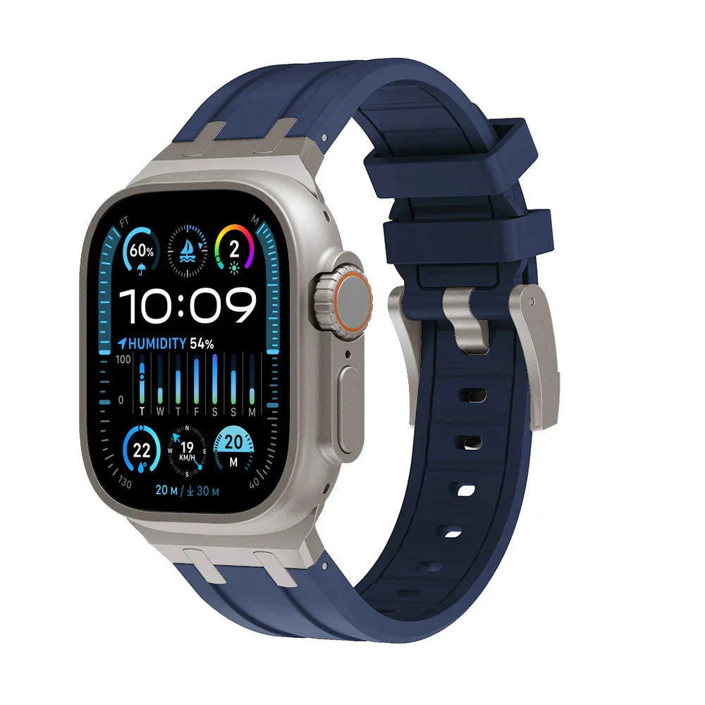Smartwatch with navy blue silicone band showing humidity and weather data on its touchscreen display