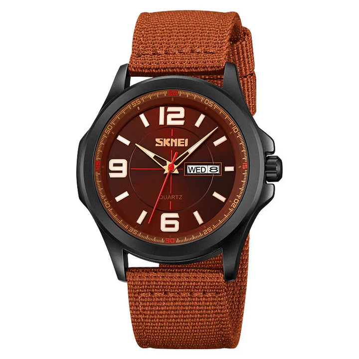 SKMEI men's quartz watch with brown dial, black case, day-date display, and brown fabric strap