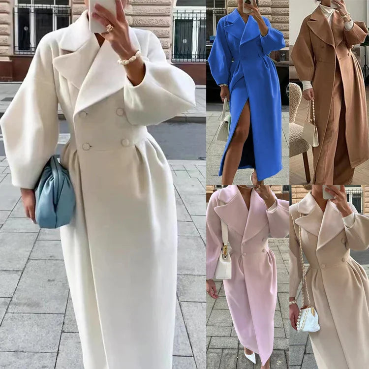 Women modeling stylish long wool coats in white, blue, camel, pink, and beige with wide lapels and puff sleeves