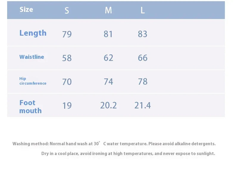 Size chart showing women's clothing measurements for S, M, L including length, waistline, hip circumference, and foot mouth