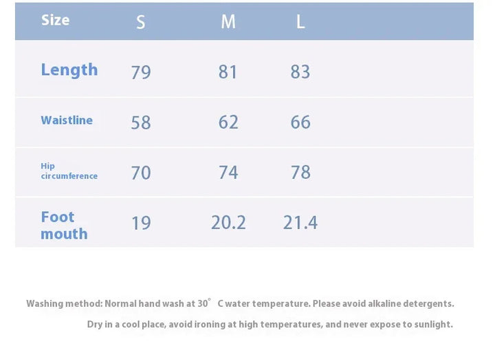 Size chart showing women's clothing measurements for S, M, L including length, waistline, hip circumference, and foot mouth
