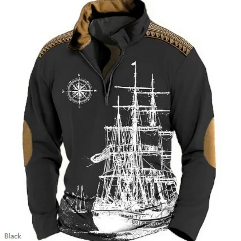 Black pullover with white vintage ship graphic, compass design, and brown elbow patches