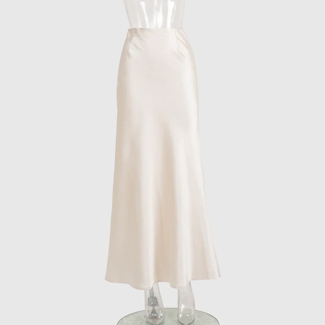 Elegant cream satin long skirt displayed on a mannequin against a plain background