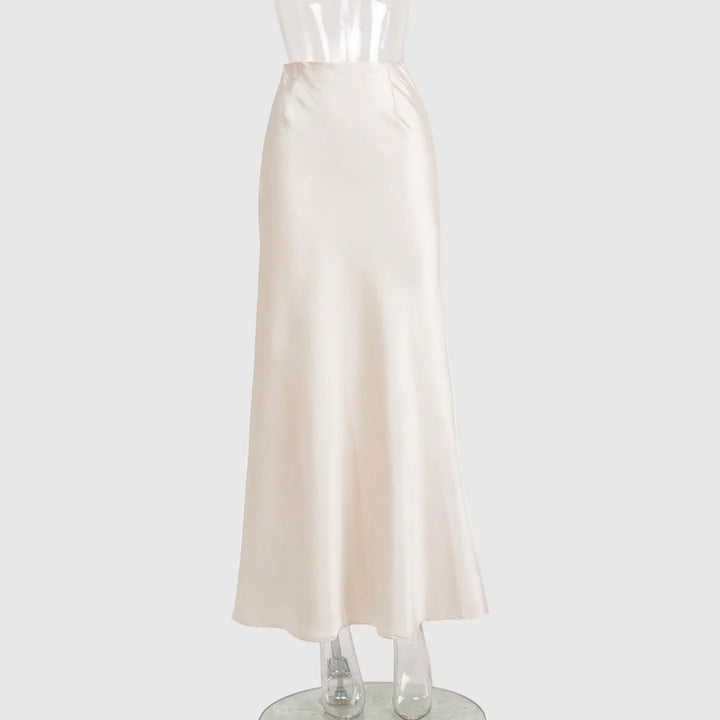 Elegant cream satin long skirt displayed on a mannequin against a plain background