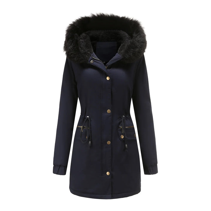 Navy blue women's winter parka with black faux fur hood and drawstring waist