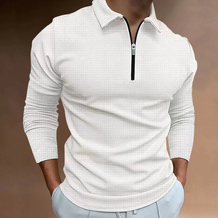 Men's white textured long sleeve polo shirt with black zipper collar detail