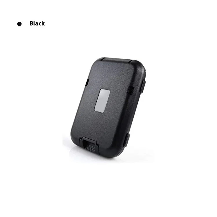 Compact black hard plastic storage case with rounded edges and central rectangular detail