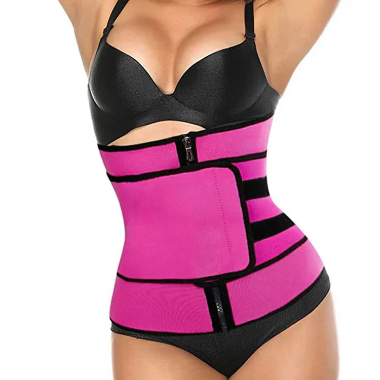 Woman wearing black bra and panties with bright pink waist trainer belt for slimming and shaping