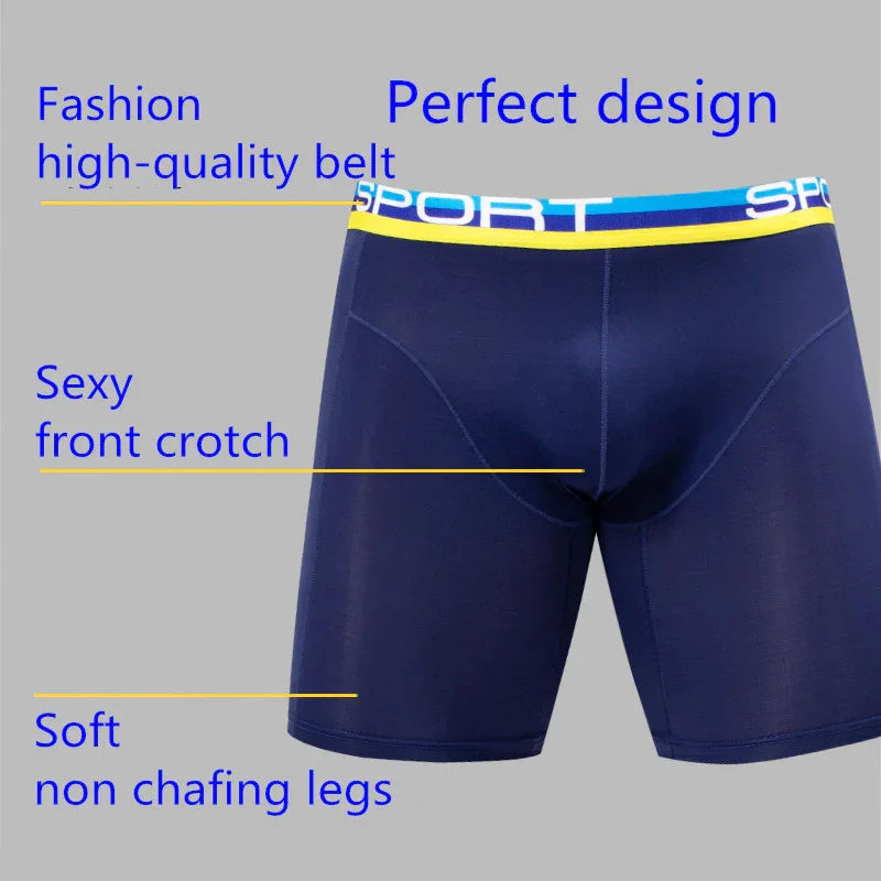Navy blue men's sport boxer briefs with yellow and blue waistband labeled SPORT, featuring soft non-chafing legs and highlighted front crotch design