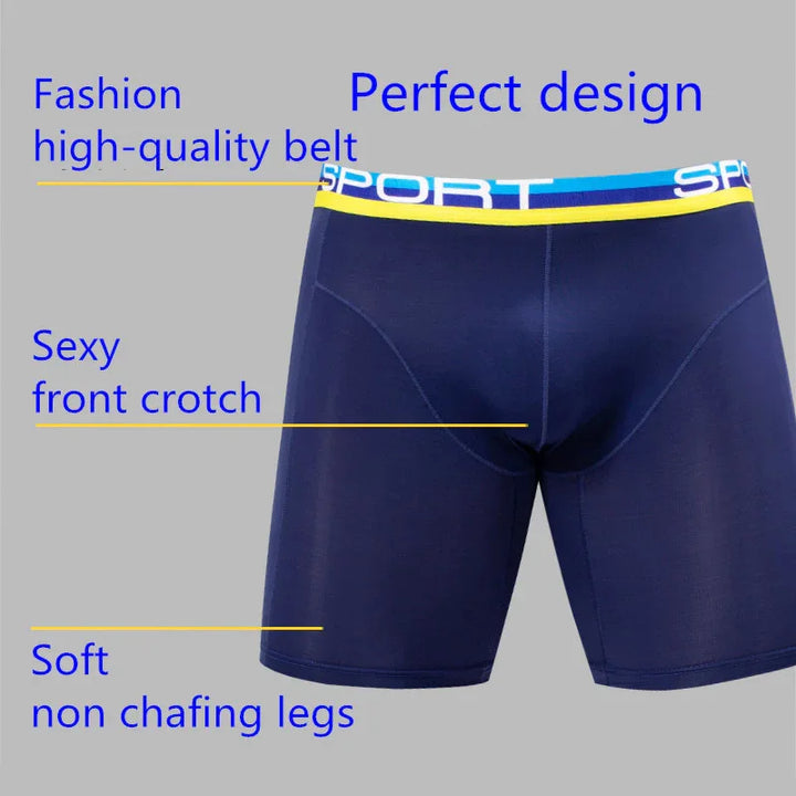 Navy blue men's sport boxer briefs with yellow and blue waistband labeled SPORT, featuring soft non-chafing legs and highlighted front crotch design
