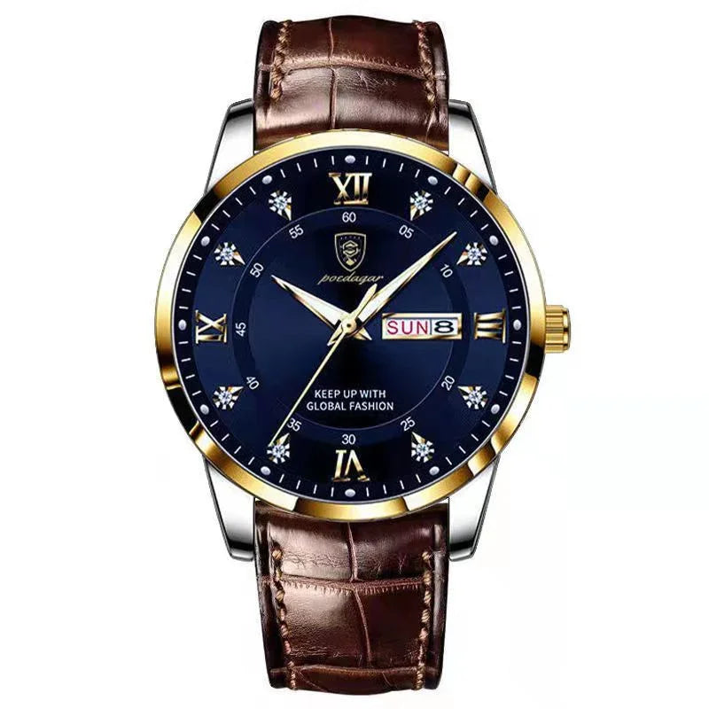 Elegant men's wristwatch with brown leather strap, gold bezel, blue dial, and date display