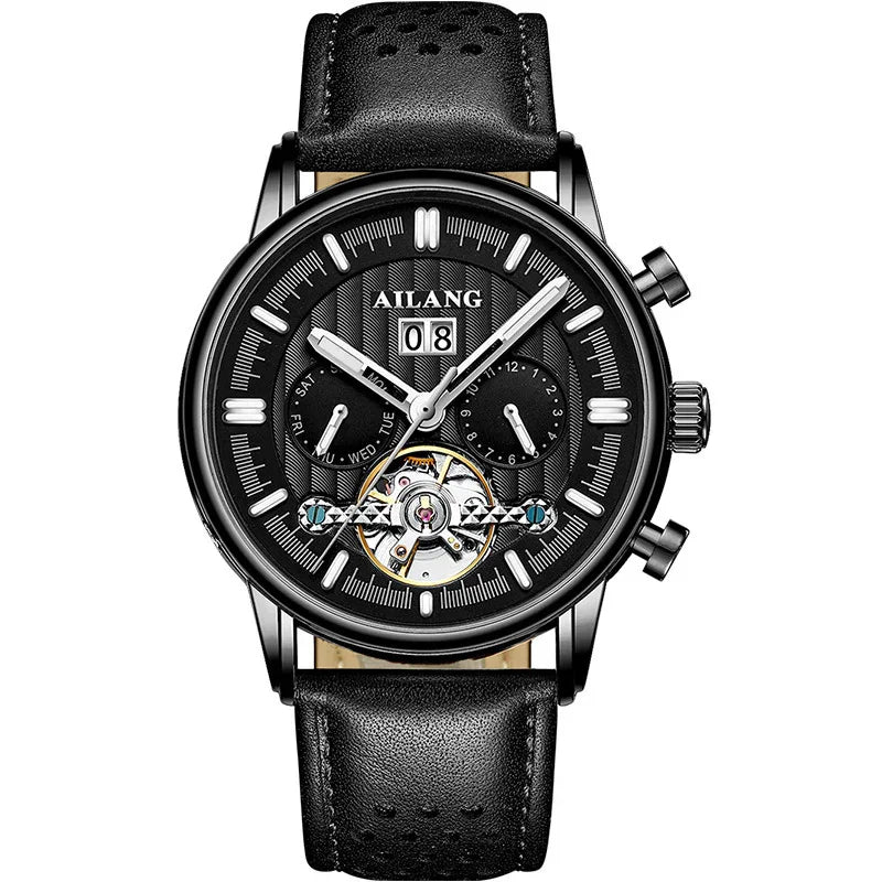 AILANG black luxury men's mechanical wristwatch with leather strap and multi-function dial