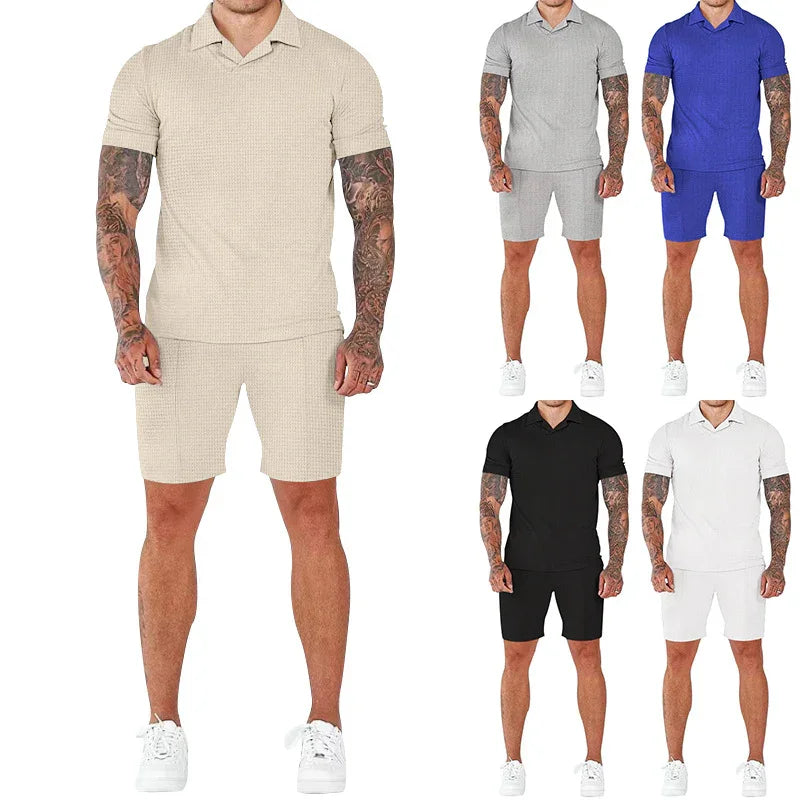 Men's casual short sleeve polo and matching shorts sets in beige, gray, blue, black, and white colors worn with white sneakers