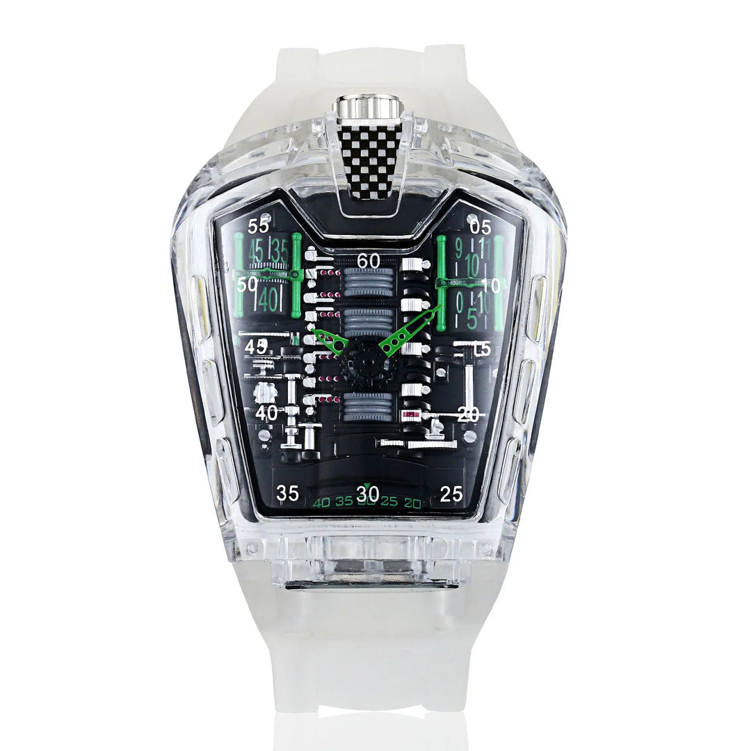 Transparent futuristic wristwatch with black and green digital dial and white strap