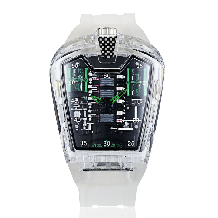 Transparent futuristic wristwatch with black and green digital dial and white strap