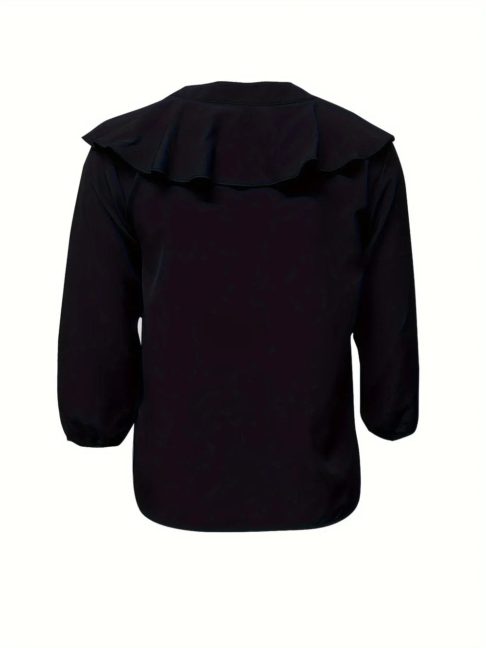Back view of black blouse with ruffled yoke detail and three-quarter sleeves