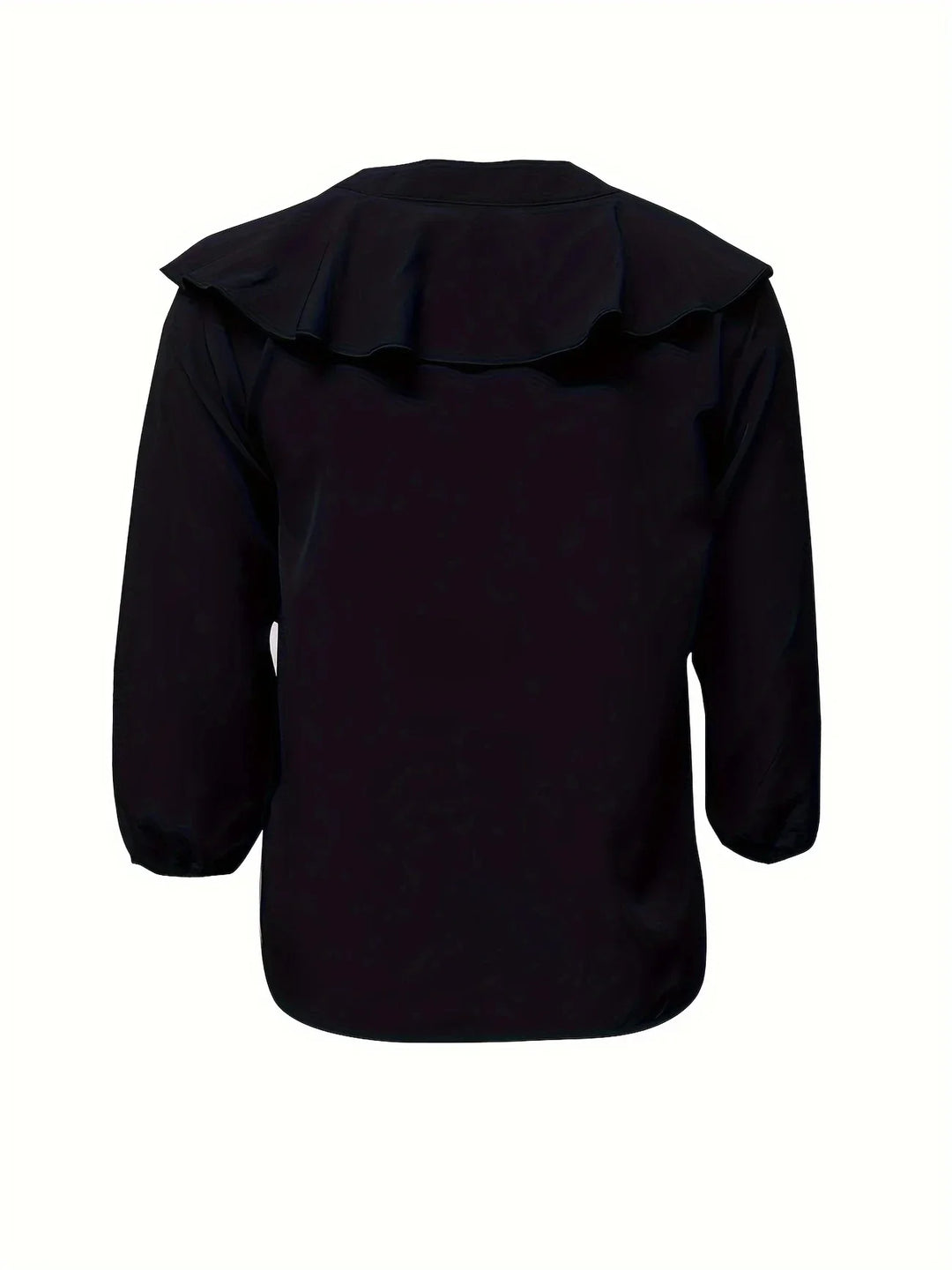 Back view of black blouse with ruffled yoke detail and three-quarter sleeves