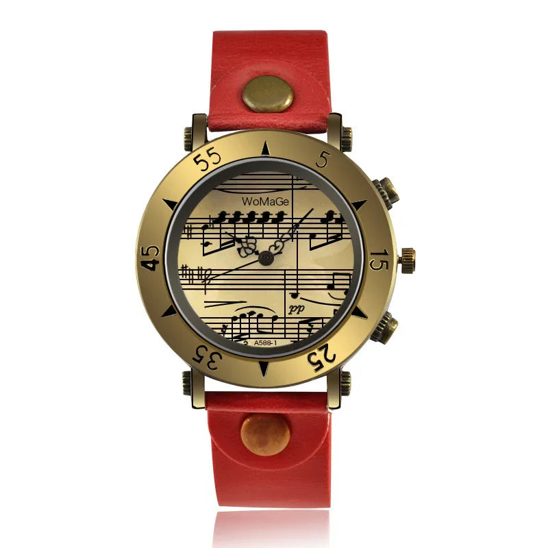 Vintage style wristwatch with brass bezel, red leather strap, and musical notes on dial