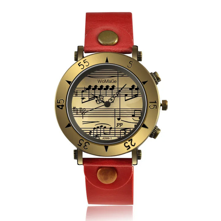 Vintage style wristwatch with brass bezel, red leather strap, and musical notes on dial