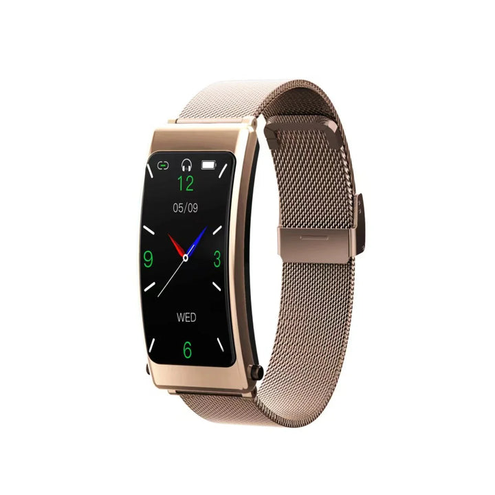 Rose gold mesh band smartwatch with curved rectangular display showing analog clock and date