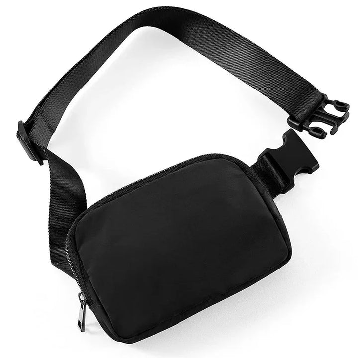 black nylon waist bag with zippered compartment and adjustable strap with side-release buckle