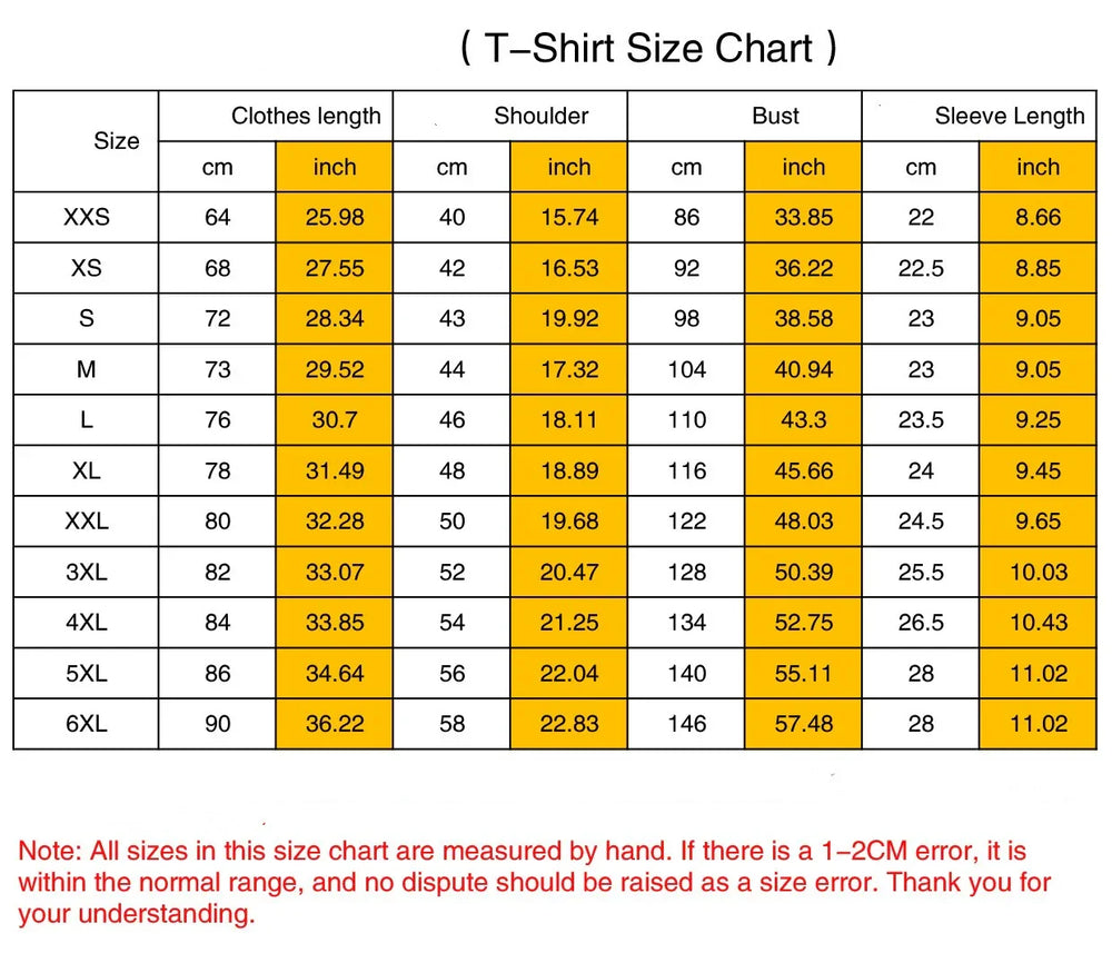T-shirt size chart with measurements for clothes length, shoulder, bust, and sleeve length in cm and inches