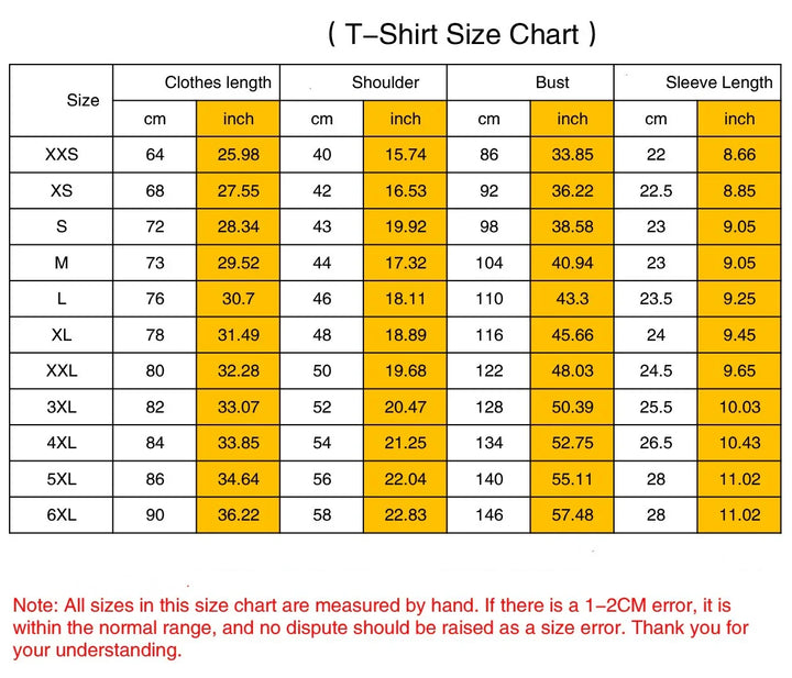 T-shirt size chart with measurements for clothes length, shoulder, bust, and sleeve length in cm and inches