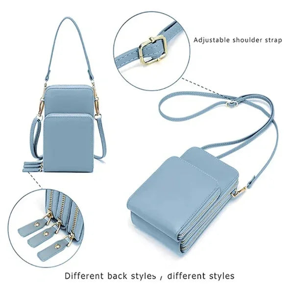 Light blue crossbody phone bag with adjustable shoulder strap and multiple zipper compartments