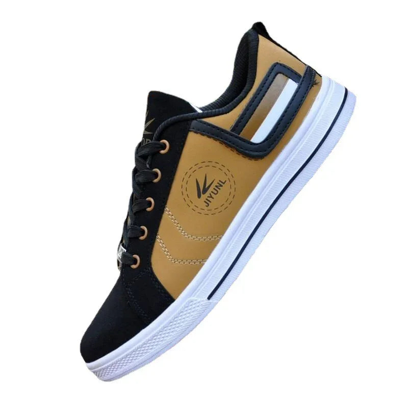 Black and tan Jiyunl casual sneaker with white sole and side stripe, athletic style shoe
